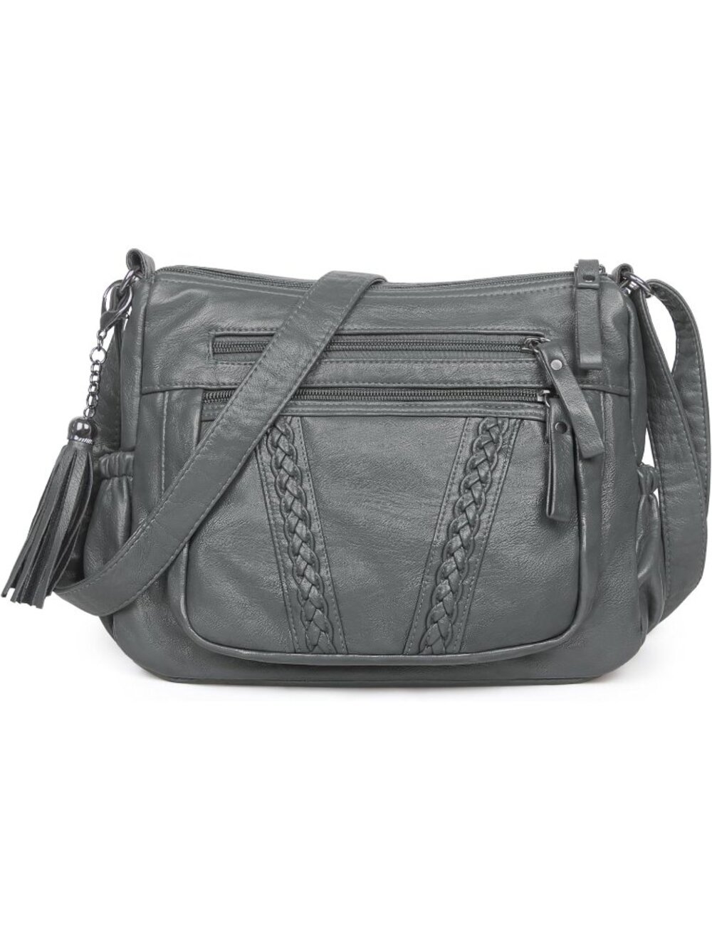 Women's Grey Soft PU Leather Crossbody Bag With Tassel Handbag Pocketbooks